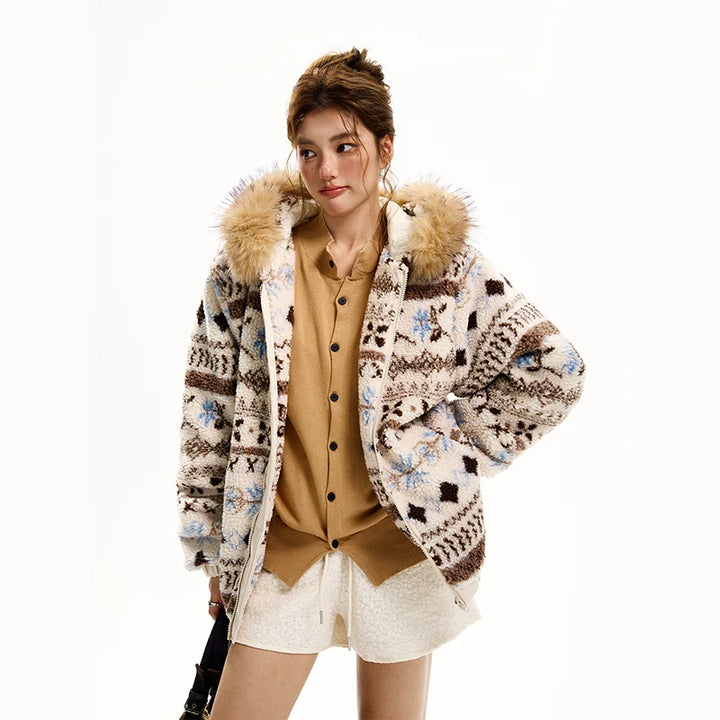 Veste en coton avec col en fourrure amovible Fair Isle 