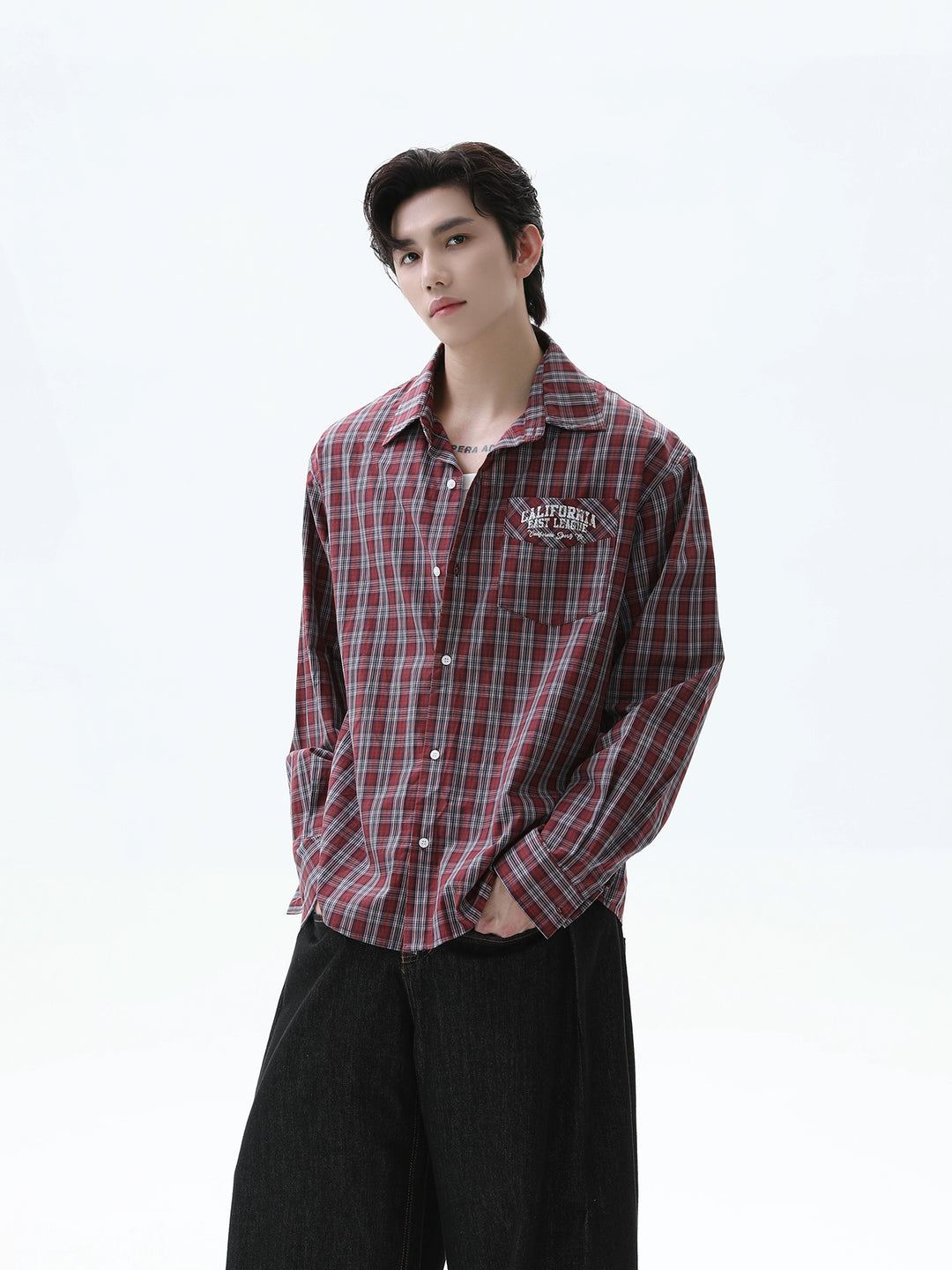 Chemise à manches longues en plaid à coupe décontractée 