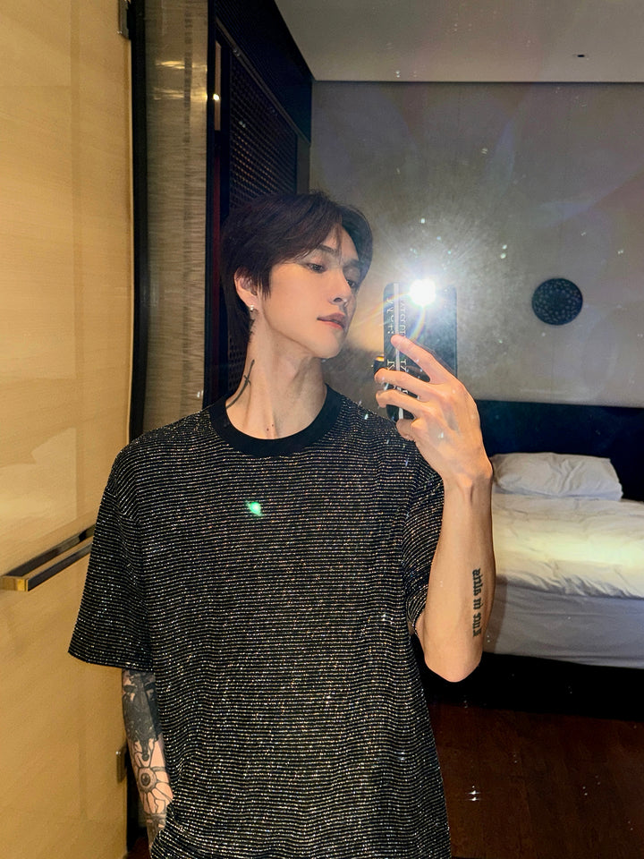 Sequined Crew Neck Striped T-shirt