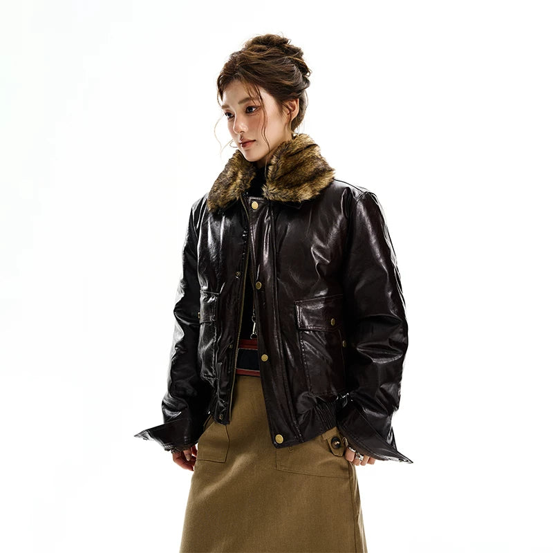 Retro faux fur krage PU läderjacka 