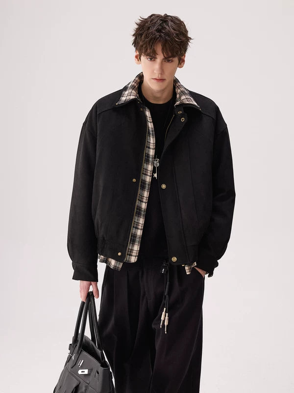 Plaid Collar Suede Bomber Jacket