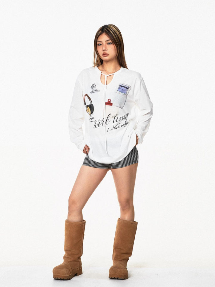 Printed V-Neck Long-Sleeve Casual Top