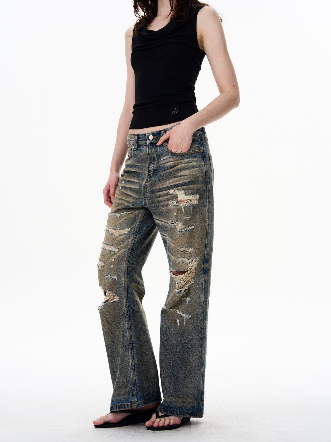 Calças Jeans Rasgadas Retas Retrô 