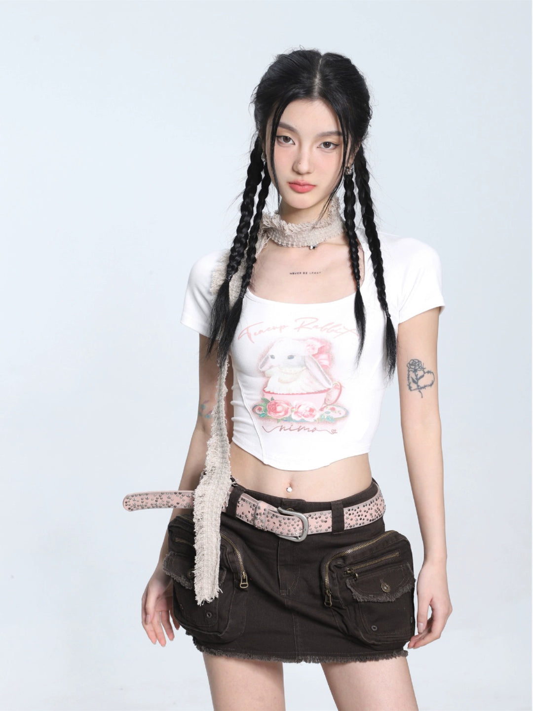 Rabbit Print Crop Short Sleeve Turtleneck