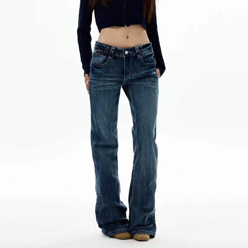 Retro bestickte gerade geschnittene Slim-Fit-Hosen 