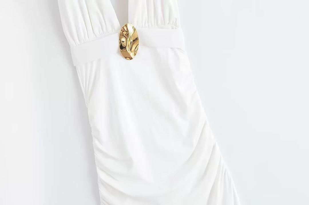 Vestido Sem Mangas Slim Fit com Decote Halter Plissado 