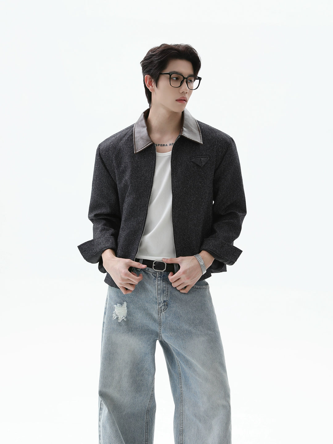 Leather Splicing Lapel Zipper Jacket