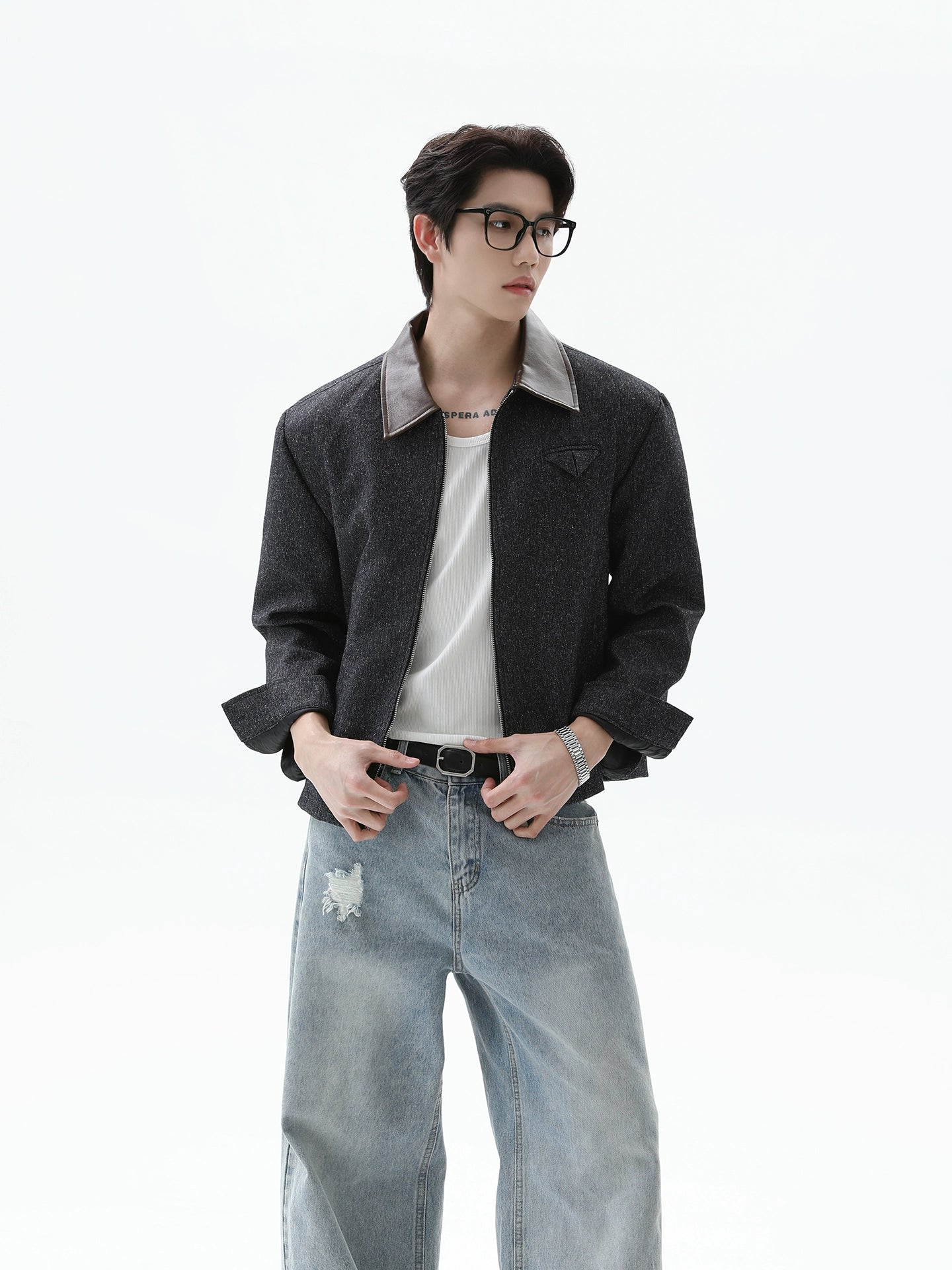 Retro PU Parçalı Yaka Fermuarlı Ceket 