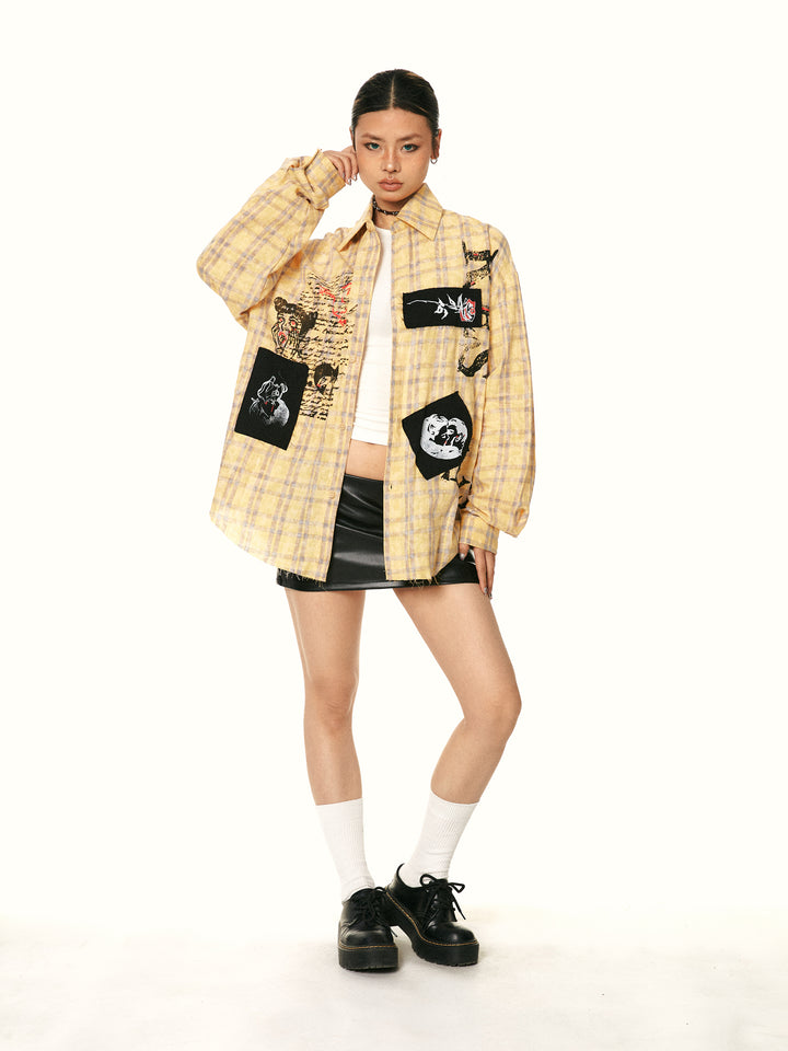 Graffiti Print Plaid Long-sleeved Shirt