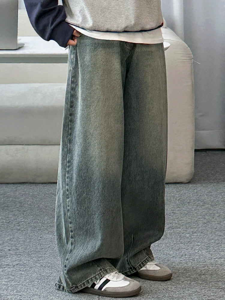 Washed Wide-Leg Straight Jeans