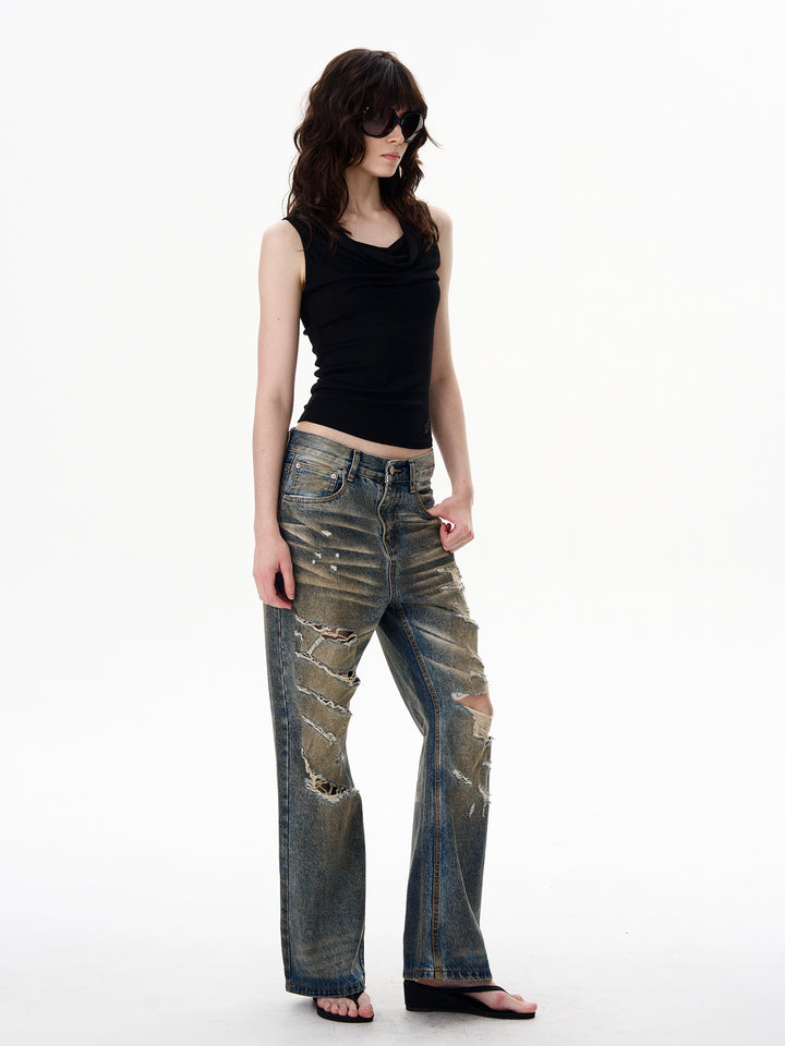 Calças Jeans Rasgadas Retas Retrô 