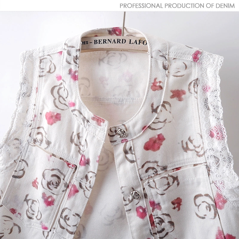 Lace Floral Print Denim Sleeveless Vest