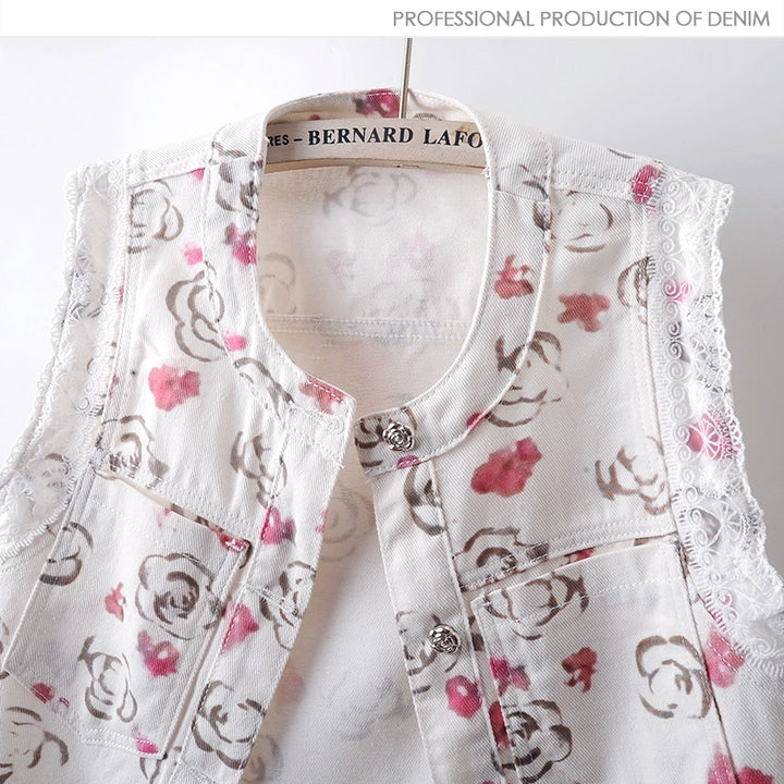 Lace Floral Print Denim Sleeveless Vest