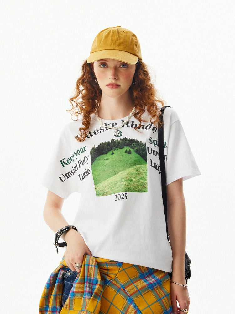 T-shirt décontracté à manches courtes avec impression de paysage 