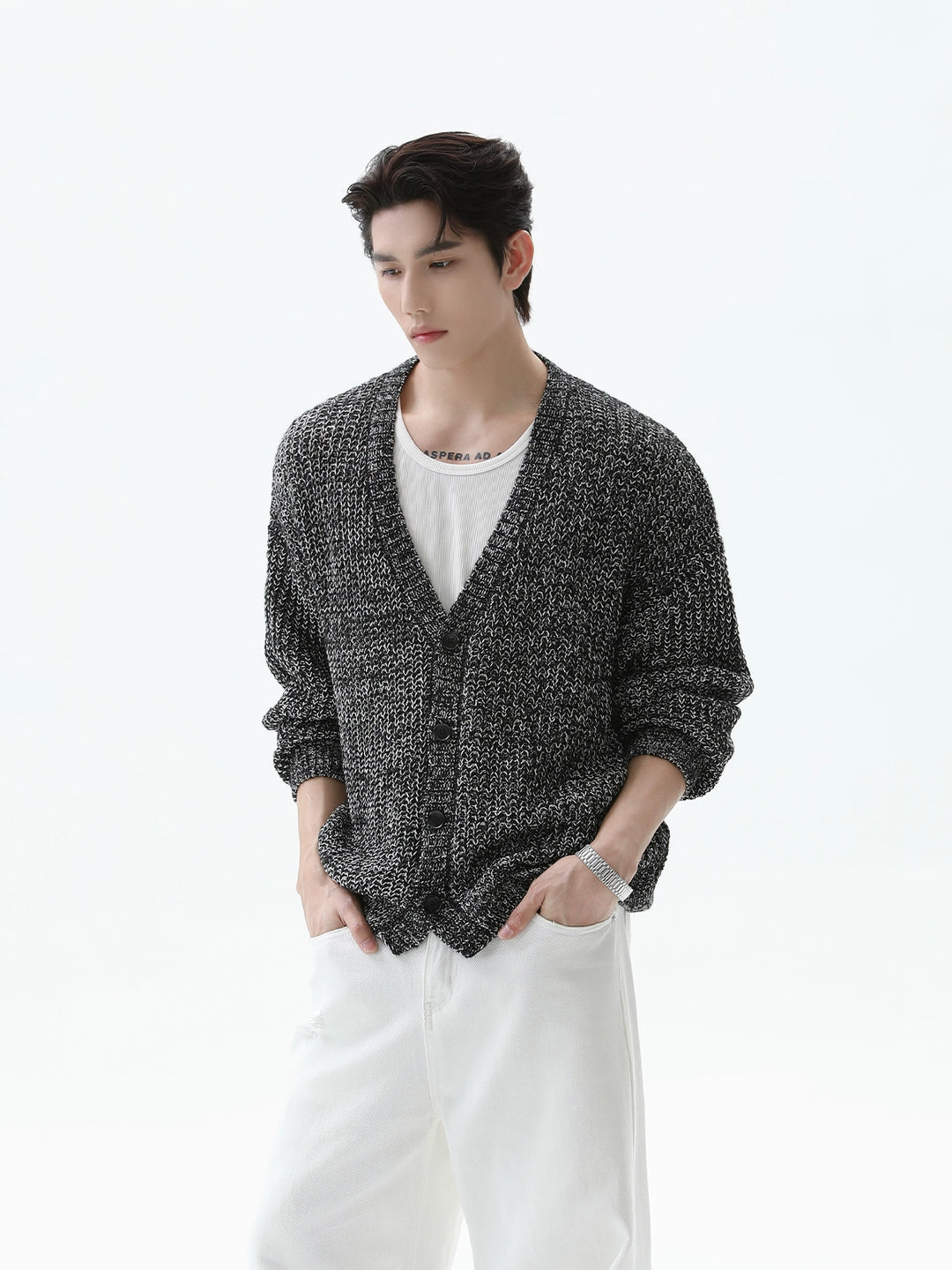Textured Wool Knit V-Neck Cardigan
