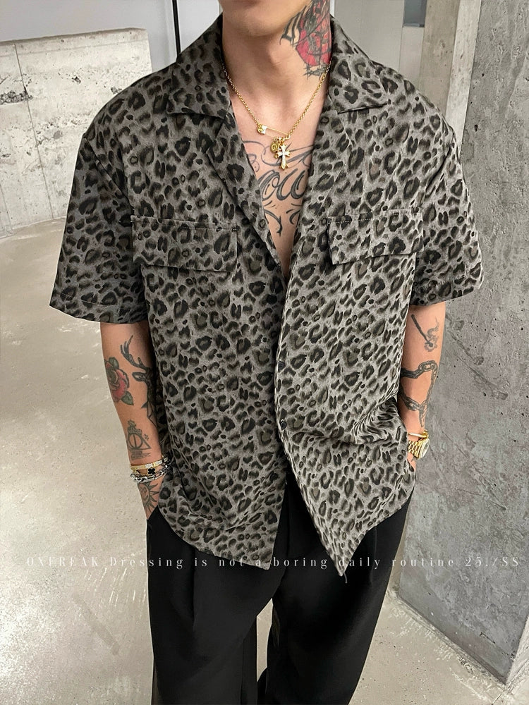 Leopard Print Cuban Collar Short Sleeve Shirt