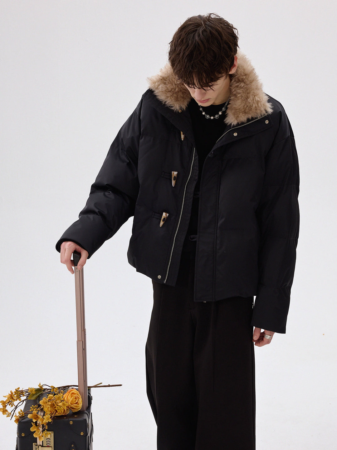 Horn Button Fur Collar Insulated Jacket