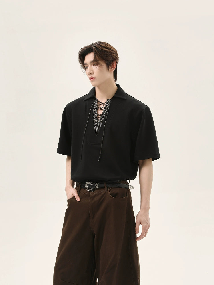 Slim Fit Lapel Drawstring Short Sleeve Pullover