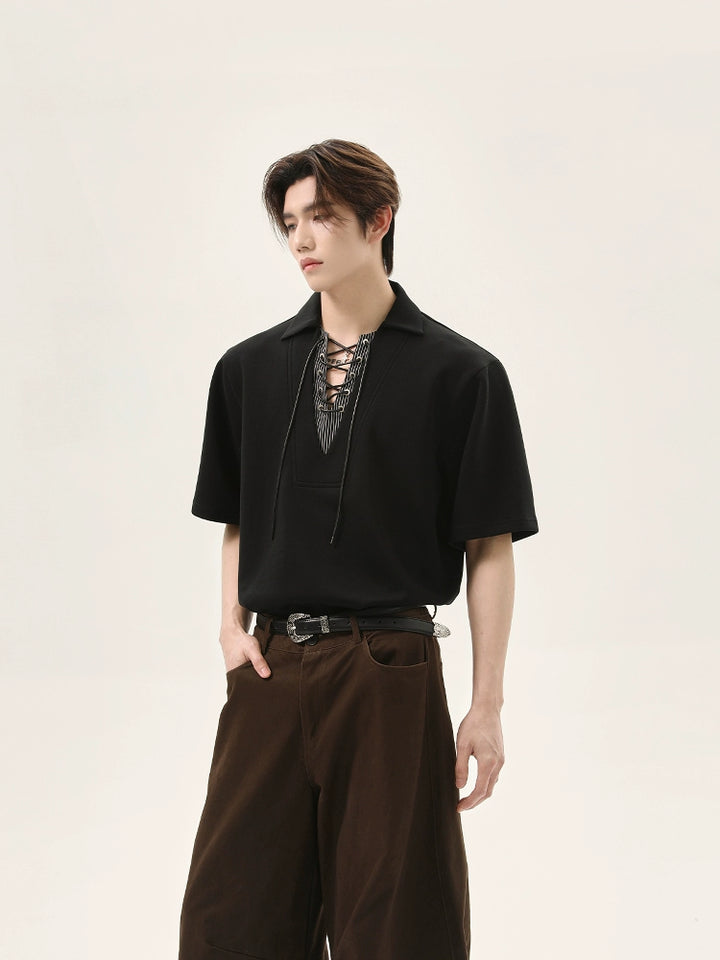 Slim Fit Lapel Drawstring Short Sleeve Pullover