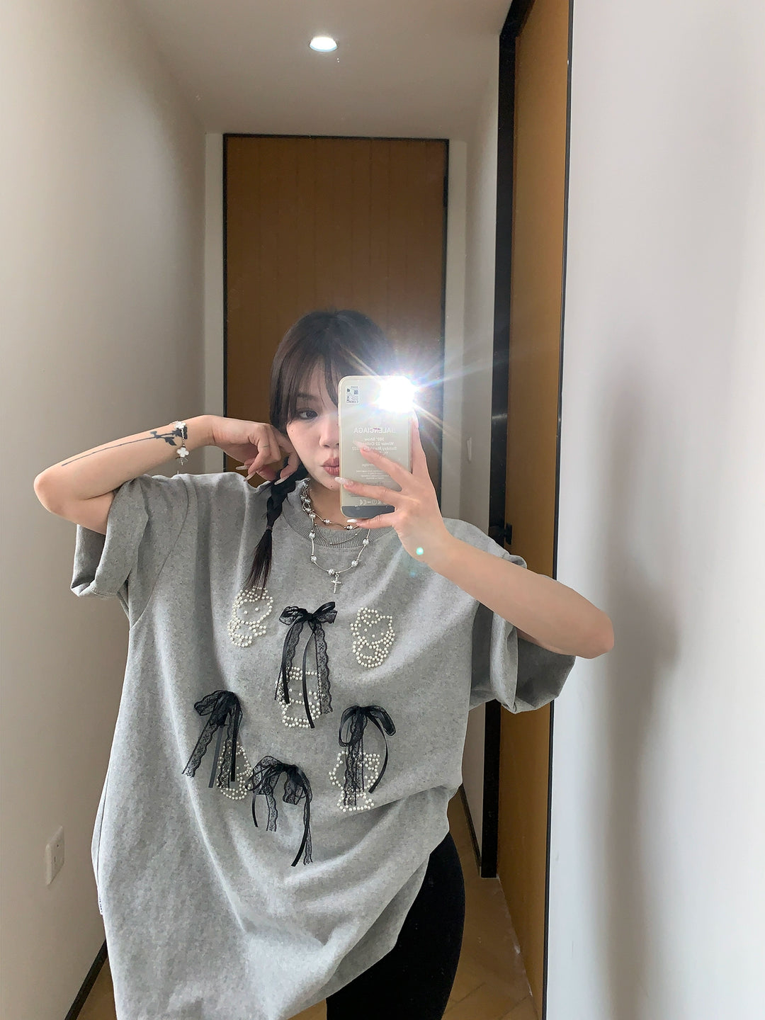 Lace Bow Beaded Loose Fit T-shirt