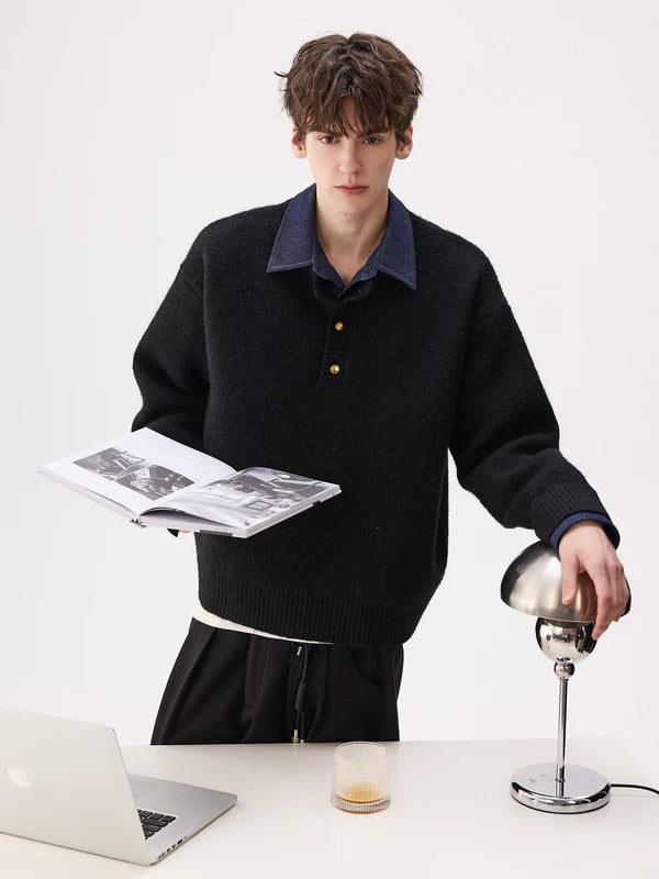 Faux Layered Button Collar Knit Sweater