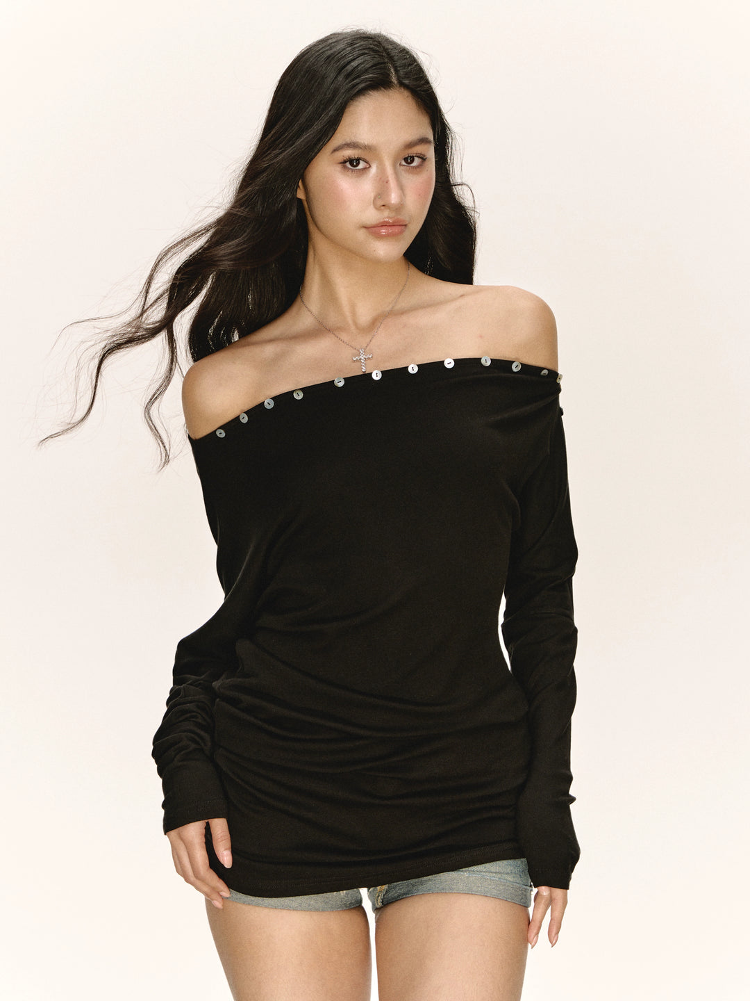 Off-Shoulder Langarm-Turtleneck-Oberteil 