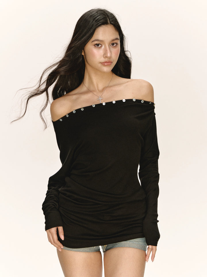 Off-Shoulder Langarm-Turtleneck-Oberteil 