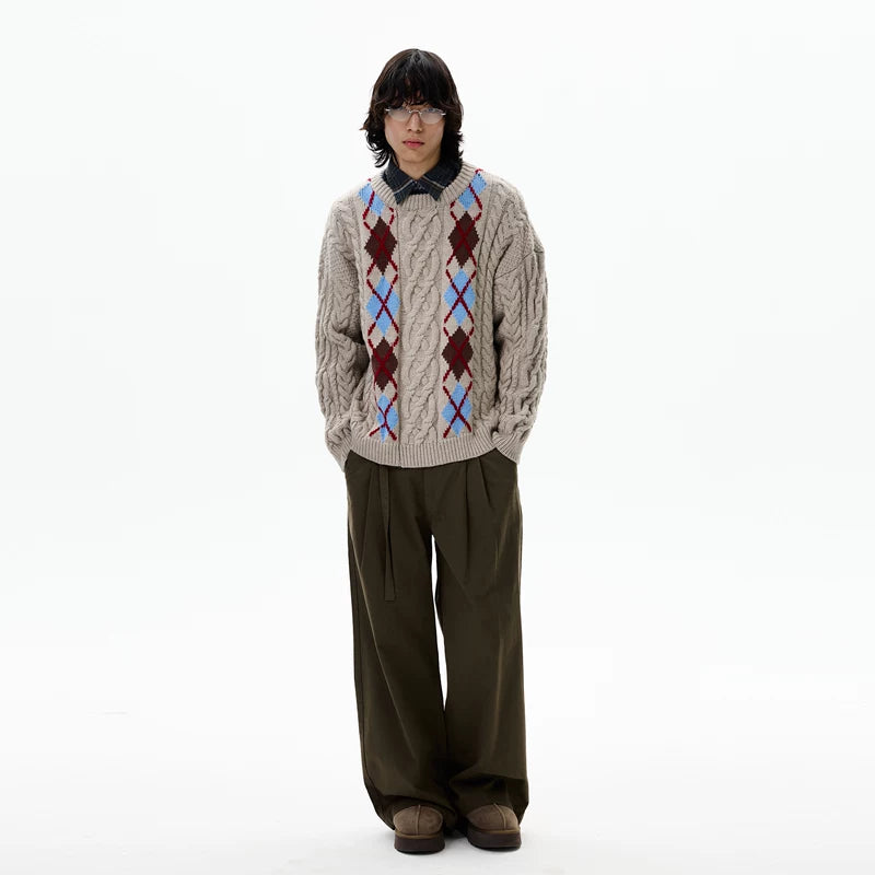 Pull en maille torsadée à motif losange avec col rond 