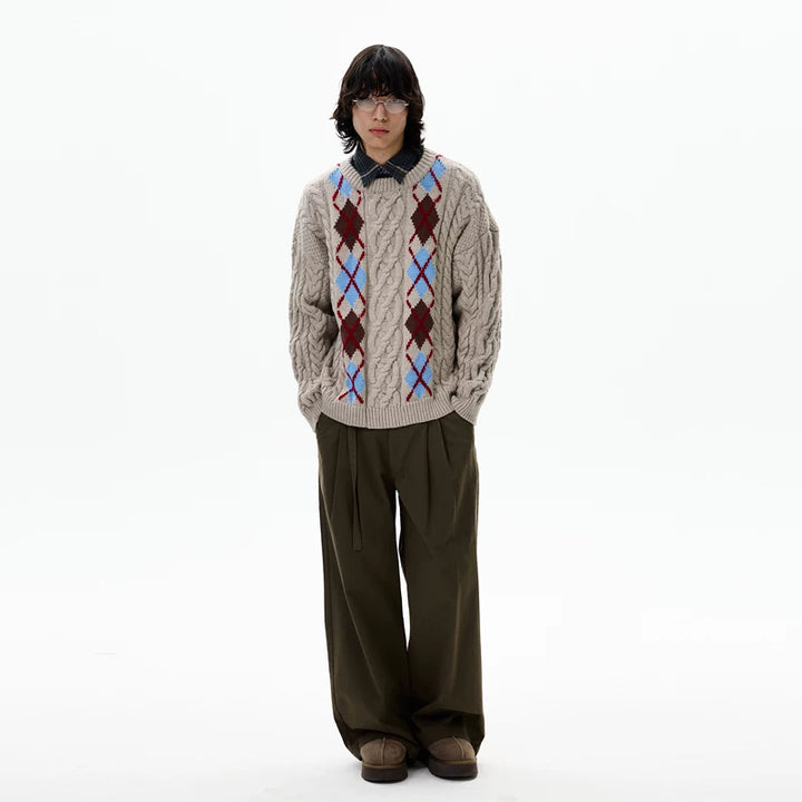 Pull en maille torsadée à motif losange avec col rond 