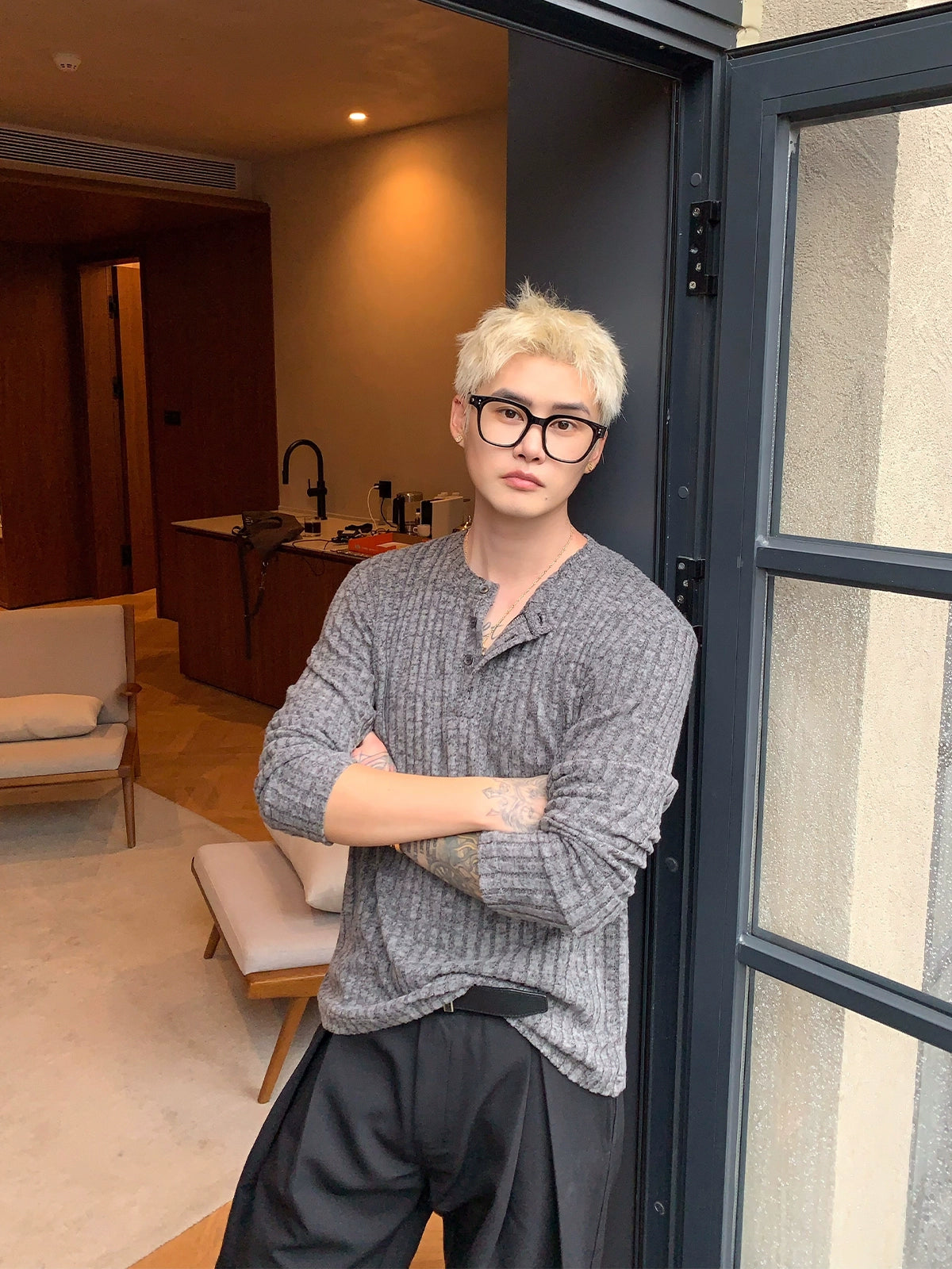 Collarless Textured Long Sleeve Pullover Top