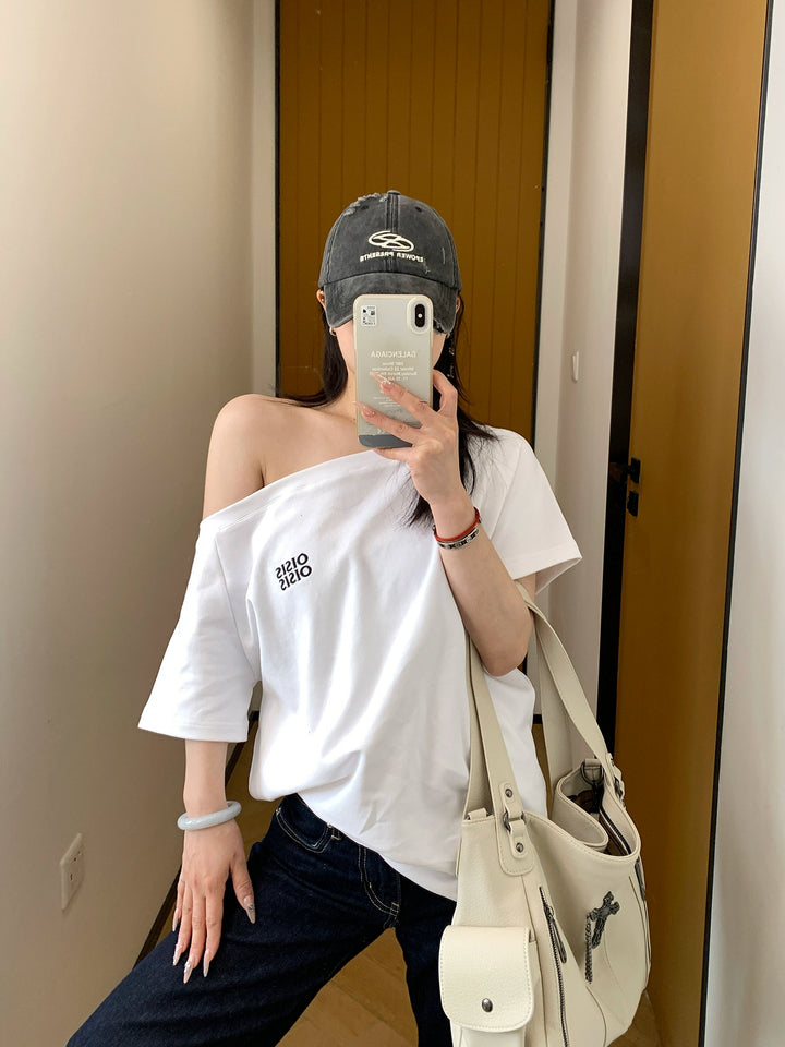Cotton Off-Shoulder Embroidered T-Shirt