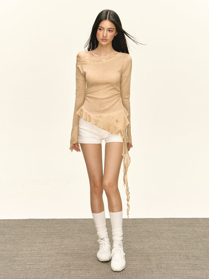 Lace Trim Asymmetrical Long Sleeve Pullover