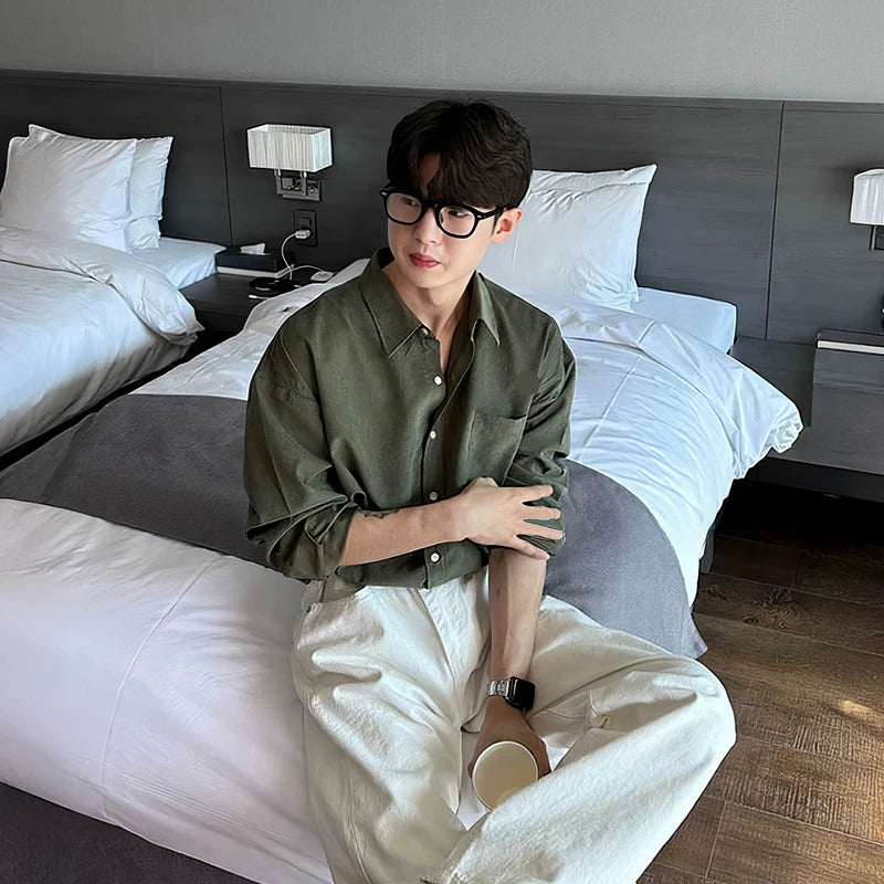 قميص كاجوال بأزرار وياقة طويلة الأكمام 