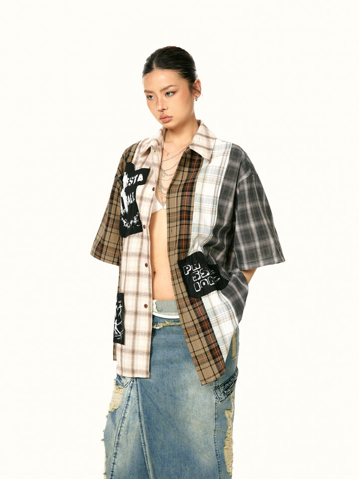 Patchwork Plaid Short Sleeve Shirt