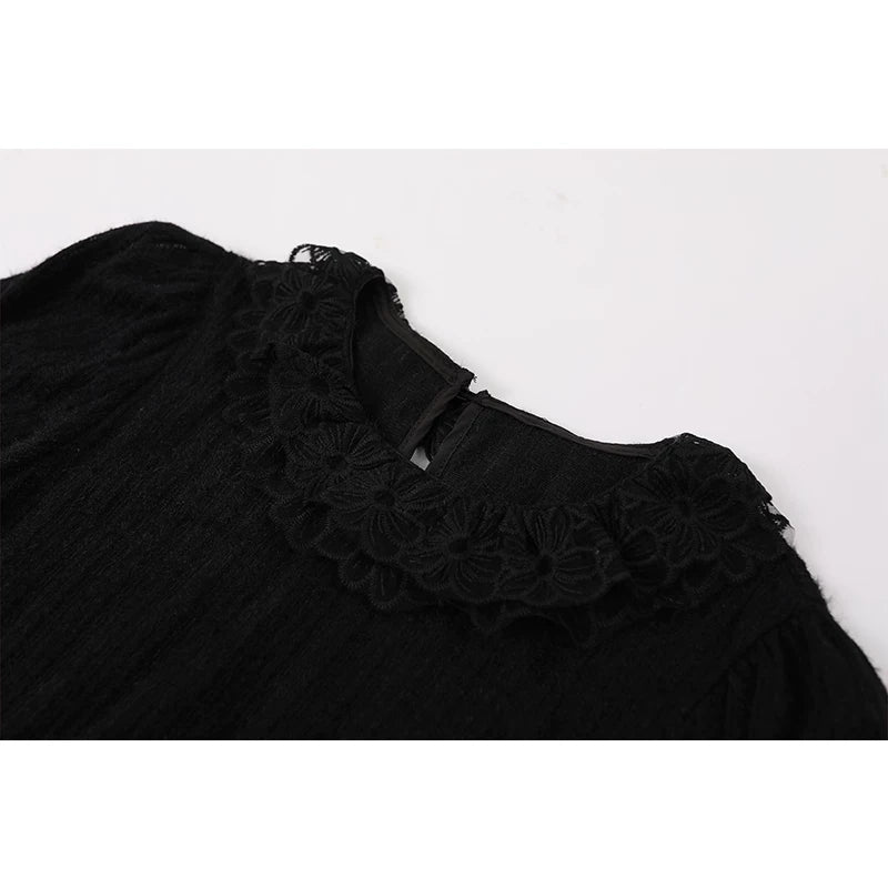 Blusa de manga larga con cuello de encaje y volantes 