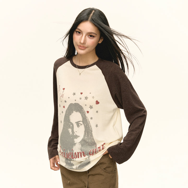 Retro Graphic Long Sleeve Raglan Top
