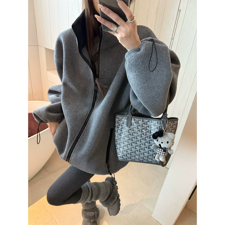 Double-Sided Fleece Stand Collar Zip Hoodie