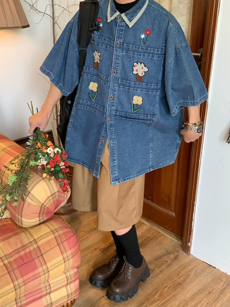 Floral Embroidered Short Sleeve Denim Shirt