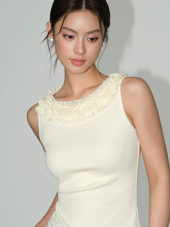 Ruffle Neck Lace Knit Sleeveless Top