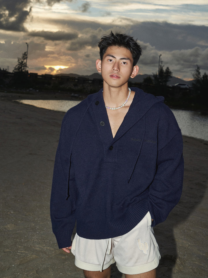 Knitted Hooded Sweater with Embroidery