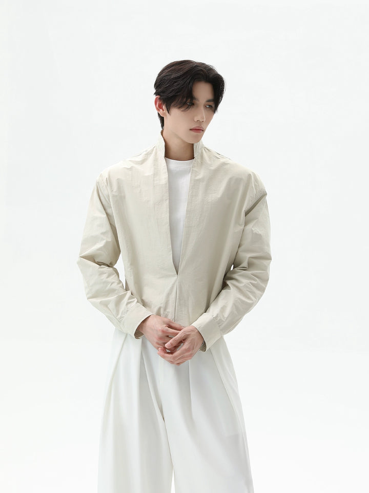 Cotton Deep V Stand Collar Shirt