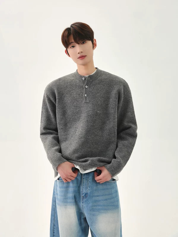 Retro Henley Collar Knit Sweater