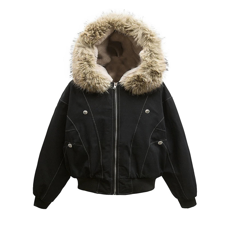 Faux päls huva fleece-fodrad parka jacka 
