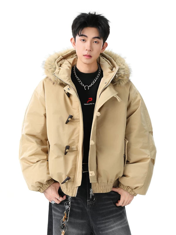 جاكيت بافر بغطاء رأس من الفرو الصناعي مع إغلاق مزود برباط 