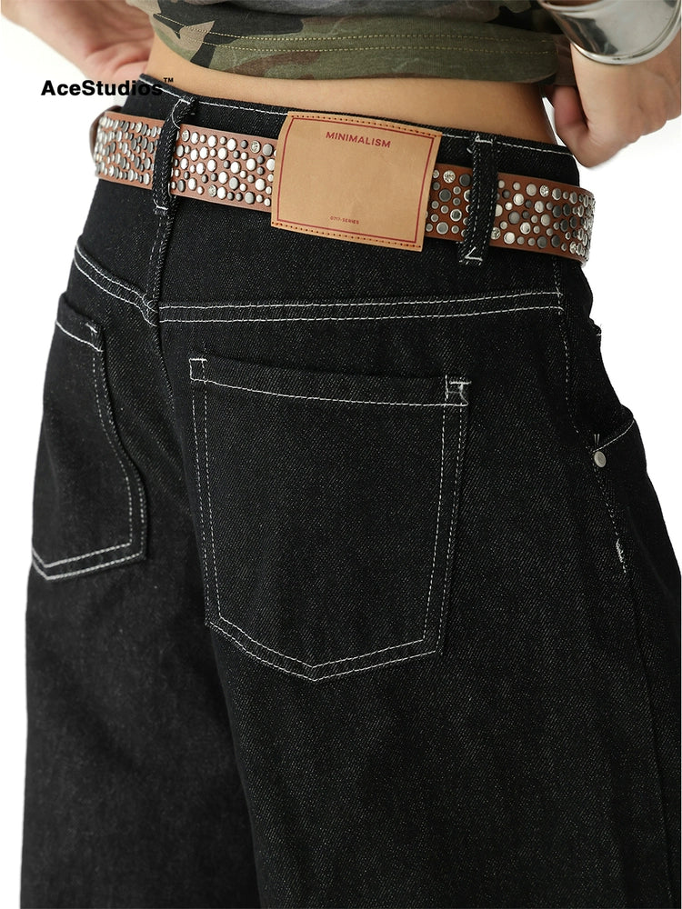 刺繍ポケット付きワイドレッグデニムパンツ 