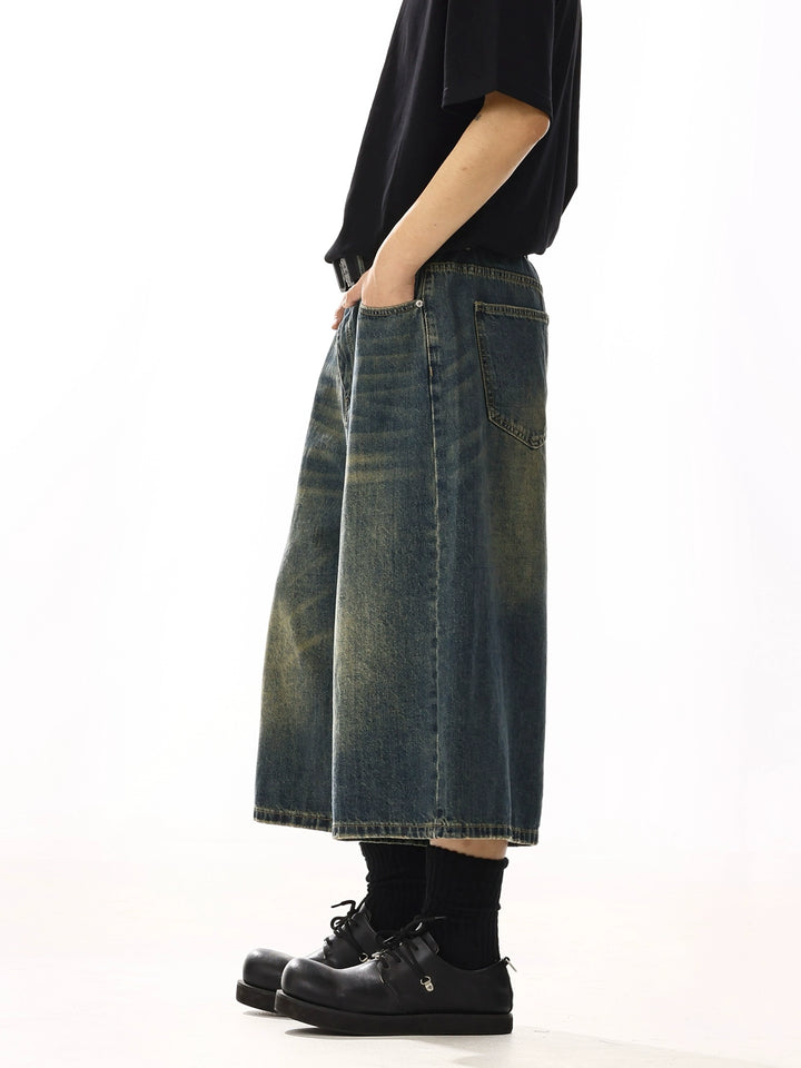 Washed Denim Wide-Leg Cropped Pants