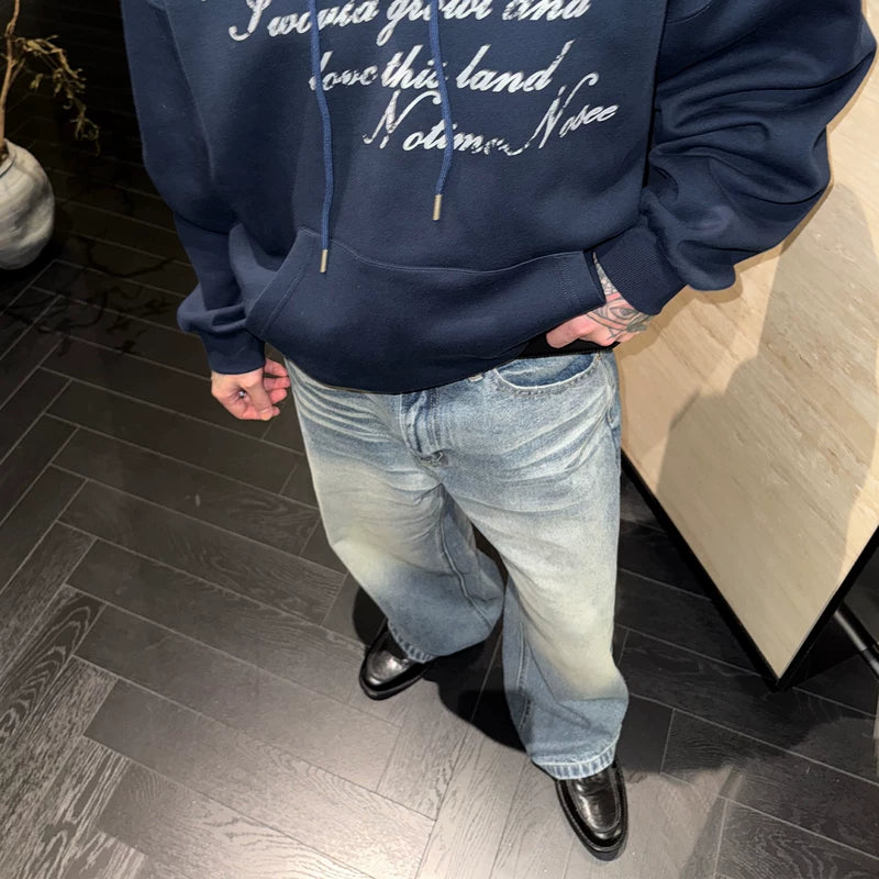 Handgemaakte Verweerde Rechte Jeans Broek 