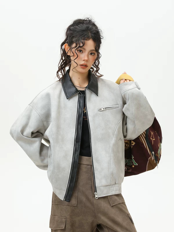 جاكيت بقلنسوة بسحاب بلونين من الجلد المدبوغ العتيق 