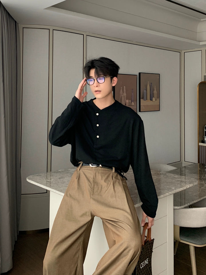 Tekstureret Henley langærmet pullover-top 