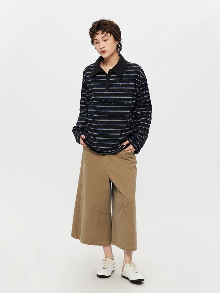 Striped Polo Collar Long Sleeve Top